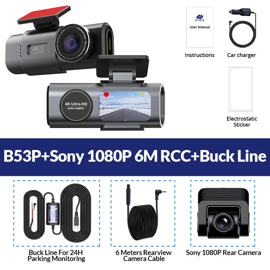 Dash Cam 4K UHD Recording Car Camera DVR Night Vision Video Recorder Built-In Wi-Fi Support GPS 24H Parking