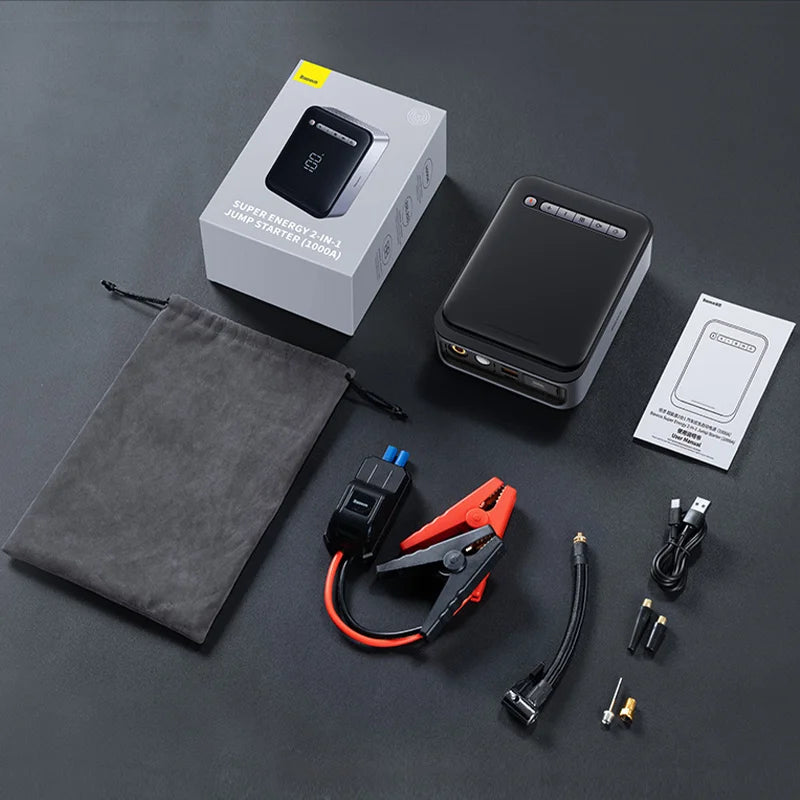 Baseus 2 In 1 Car Jump Starter Power Bank Air Compressor Inflator Pump 1000A Portable Power Station Car Battery Charger Booster