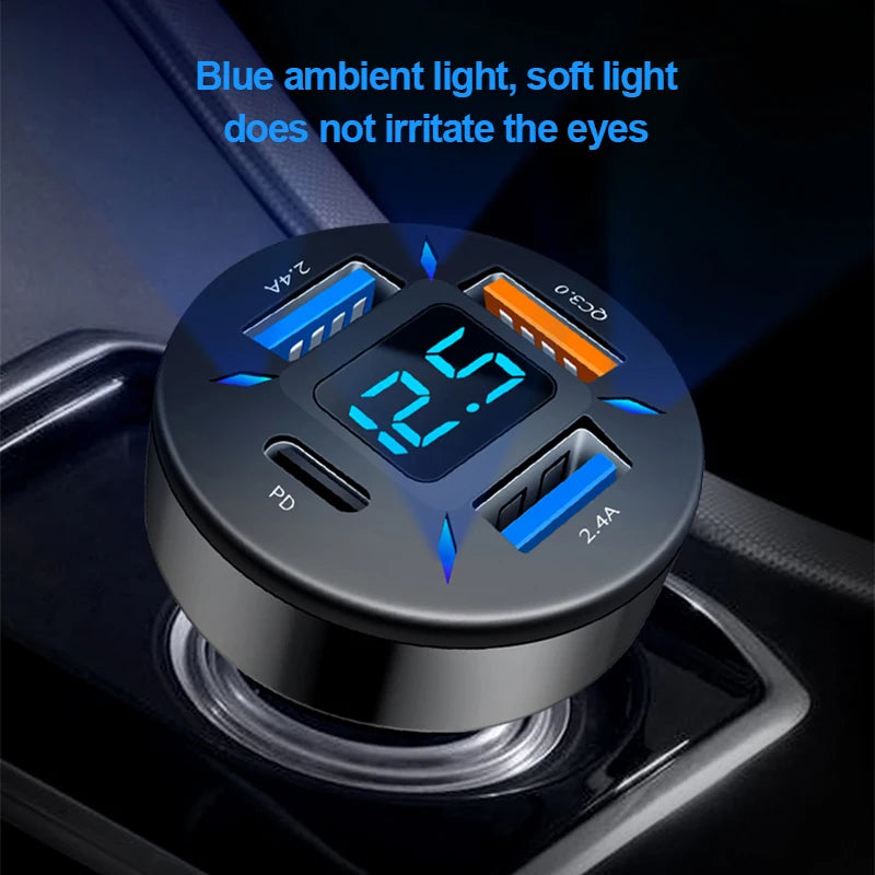 66W Car Charger Quick Charge Cigarette Lighter Adapter 4-Port USB A+USB C Fast Charging Phone Charger for iPhone Xiaomi Samsung